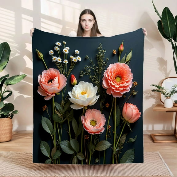 Durable Soft & Warm Flannel Blanket - Cozy Floral Design for Sofa Travel Bed & Chair - Elegant Vibrant Flower Pattern