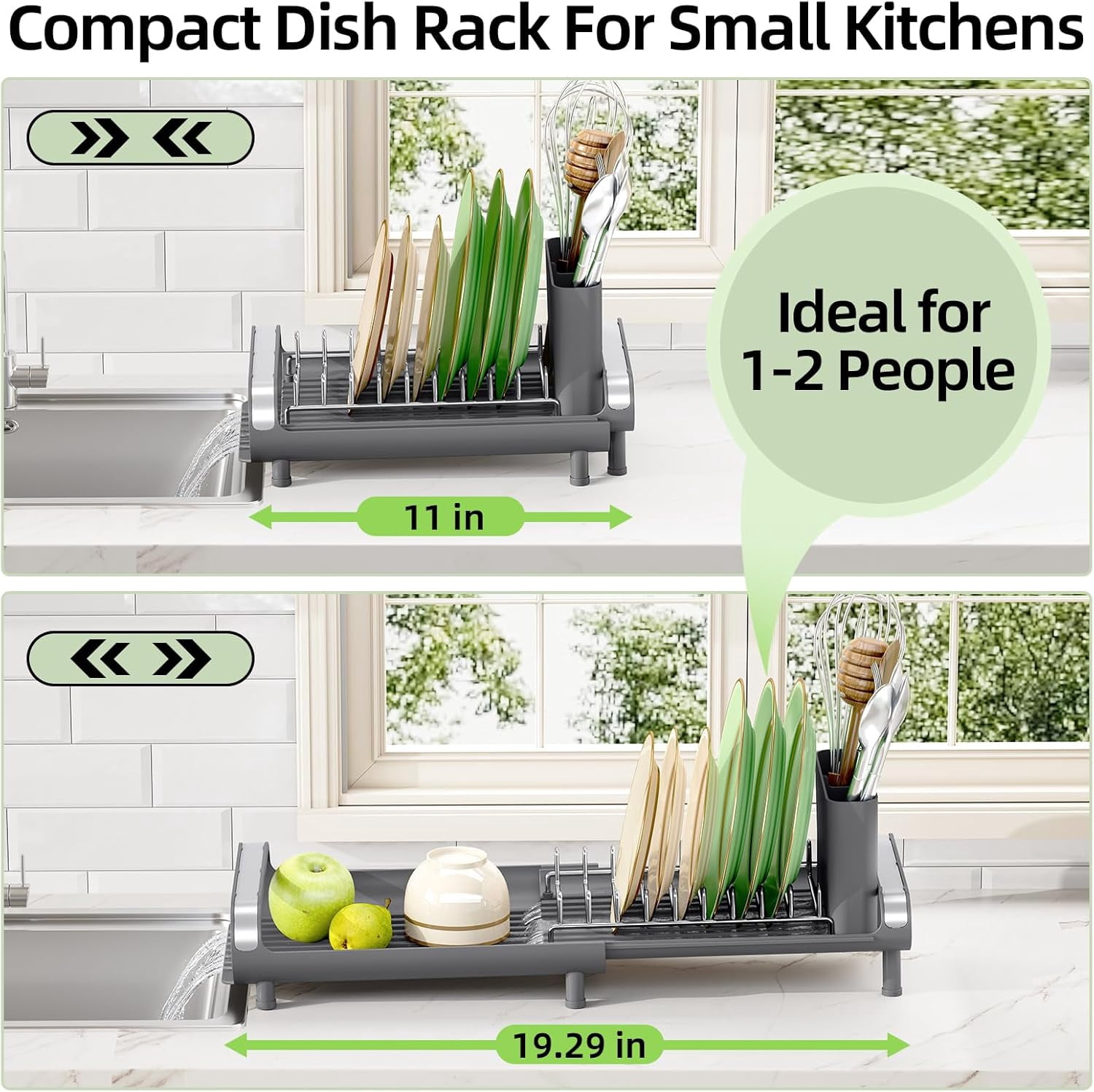 Small Dish Drying Rack, Mini Expandable Compact Dish Rack, Slim Extendable Stainless Steel Dish Drainer for Kitchen Plate Storage, Space Saving Dish Strainer in Sink or on Home Countertop, Gray