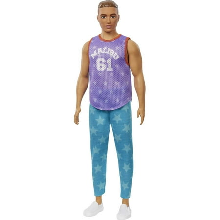 Barbie Ken Fashionistas Doll #165 with Sculpted Brown Hair Wearing Purple &ldquo;Malibu&rdquo; Top, Blue Starred Joggers &amp; White Shoes, Toy for Kids 3 to 8 Years Old
