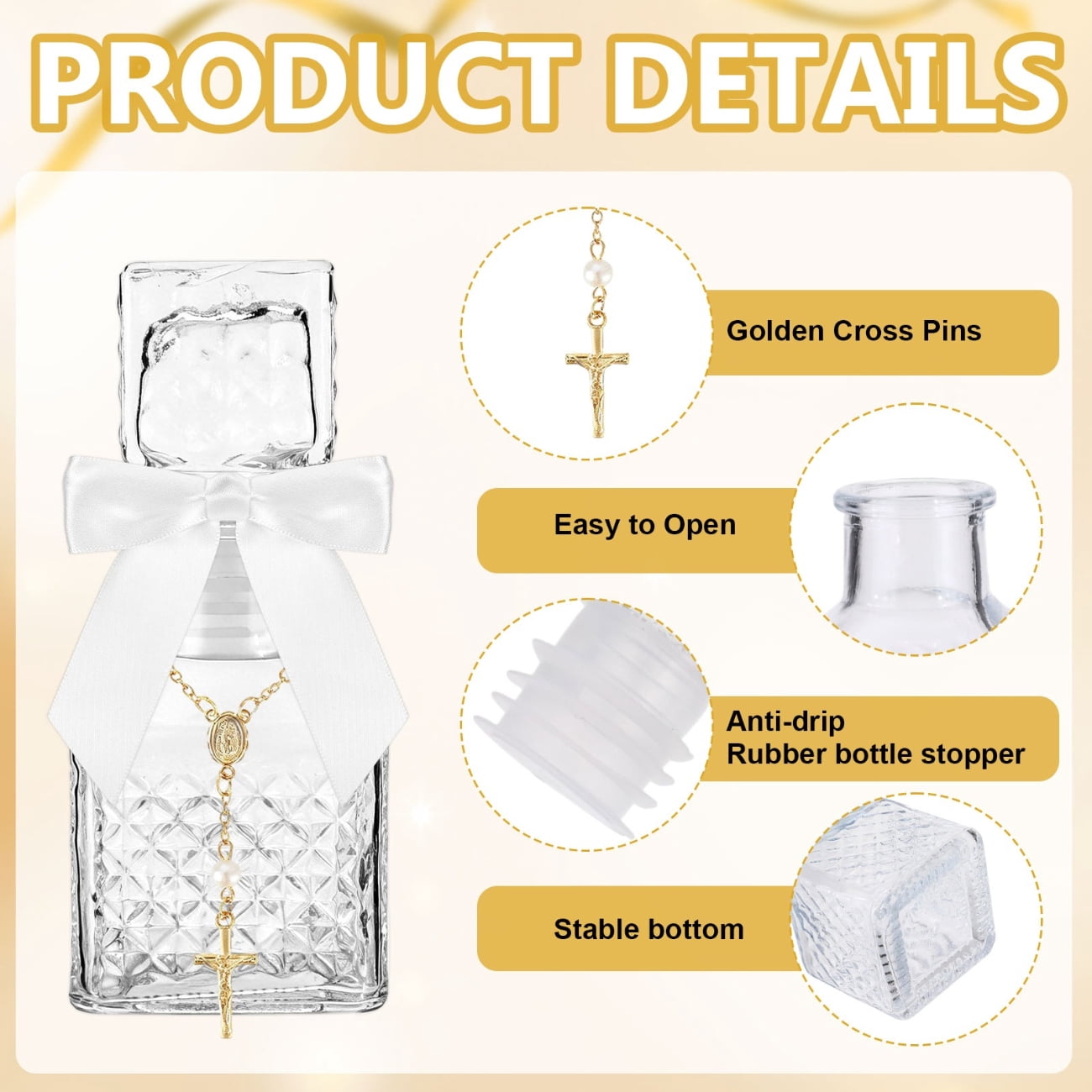 24pcs Baptism Party Supplies - Includes 12 Glass Holy Bottles And 12 Cross Rosary Bracelets - with Organza Bags (Boxed) Party Supply Set, Suitable for Weddings, Communions, Religious Events