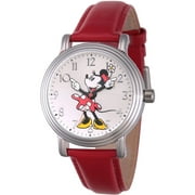 Articulating Classic Minnie Mouse Red Polka Dot Dress Women's Silver Vintage Alloy Watch, Red Leather Strap