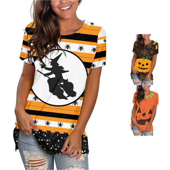 Yuhangmm Halloween Shirts for Women Casual Funny Halloween Print Fashion Round Neck Short Sleeve Printed T Shirt Top for Parties Yellow L