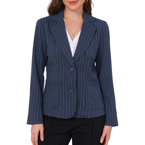 DARING DIVA Women's Pinstripe Blazers Long Sleeve Jacket XS Navy Blue Stripes