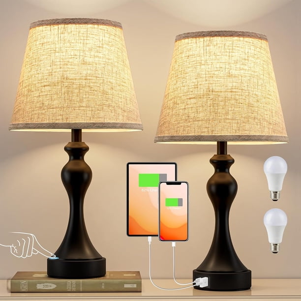 Juego de 2 lámparas táctiles para mesita de noche - Lámparas de cabecera, 3 formas de atenuación, USB C+A para dormitorio y mesas auxiliares (bombillas LED incluidas)