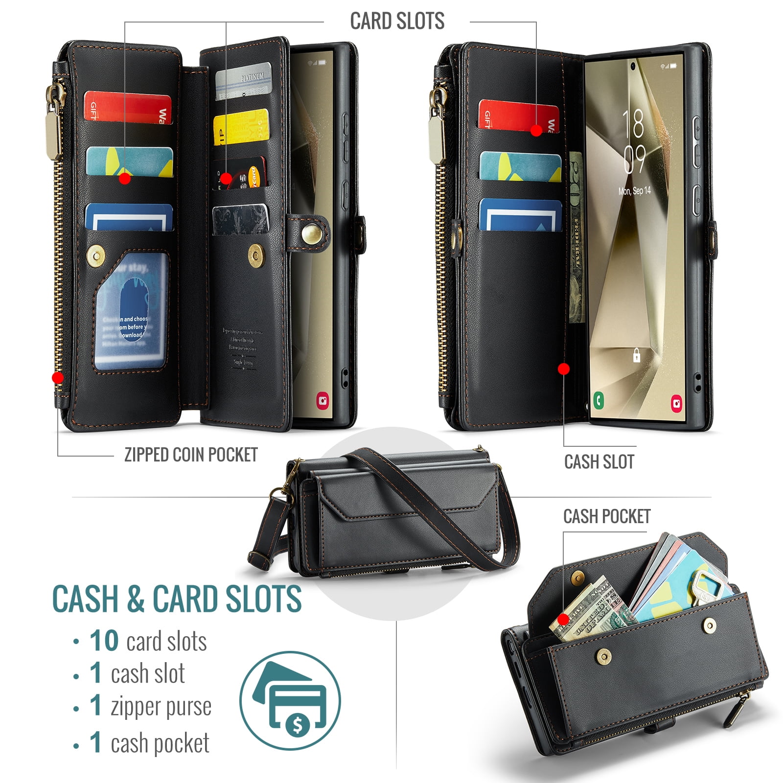 Compatible with Samsung Galaxy S24 Ultra 5G Zipper Wallet Phone Case Tempered Glass Screen Protector Crossbody Lanyard Strap Flip Card Holder Slot Cell Cover for S24Ultra 24S S 24 24Ultra Women Black