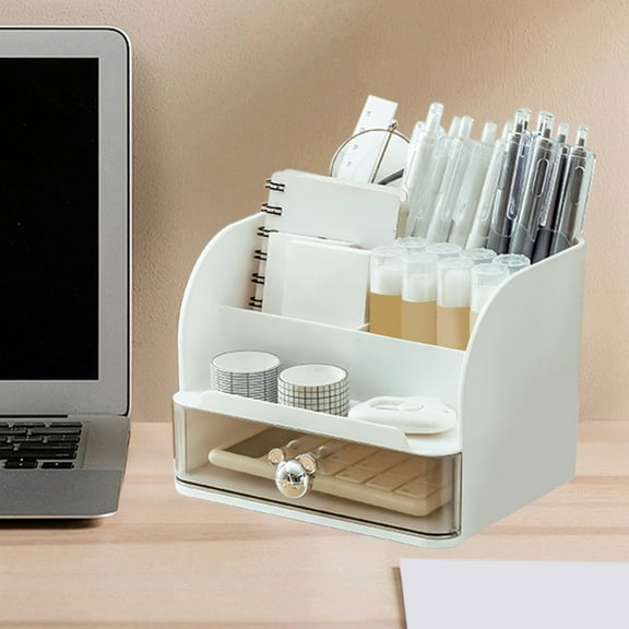 PPgejGEK Large Capacity Double Compartment Pen Container Cute Desktop School Organizer Pencil Case with Drawers for Students Kids 6.45 x 5.19 x 7.09 Inches