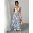 thumbnail image 5 of Womens Blue and White Boho V-Neck Tiered Maxi Dress With Lace & Tassel, 5 of 6
