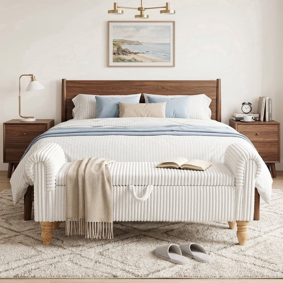 55''W Storage Bench for Queen Bed End of Bed, Mid-Century Corduroy Upholstered Bench with Rolled Armed, Cream White