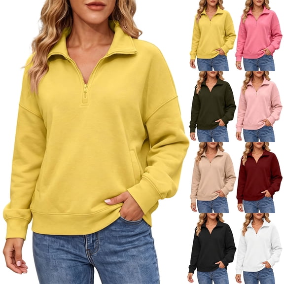 Jsaierl Quarter Zip Sweatshirts for Women Fall Solid Color V Neck Sweatshirt Lightweight Loose Fit Pullover Cotton Working Out Long Sleeve Tops