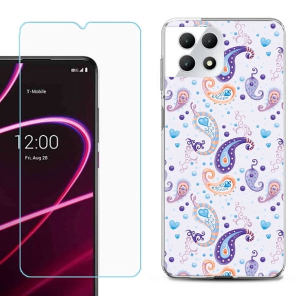 Phone Case for T-Mobile Revvl 7 5G, Shockproof Case Cover with Tempered Glass Screen Protector, by OneToughShield - Paisley Purple