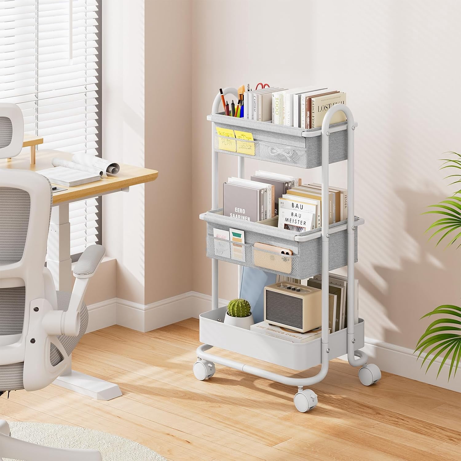Baby Diaper Caddy Organizer Cart - 3 Tier Rolling Storage with Wheels, Nursery Essentials for Crib Bedroom Art Craft Light Gray