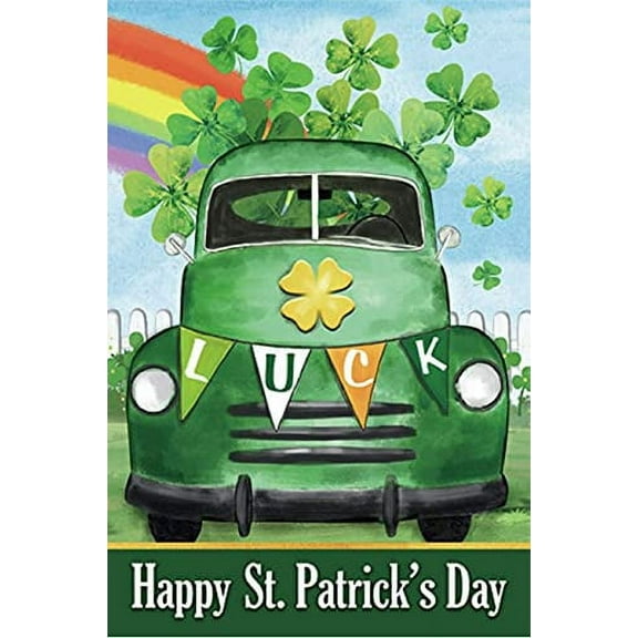 Shamrock Luck Truck Garden Flag - 12" x 18", Double Sided, Happy St. Patrick's Day, 4 Leaf Clovers, Rainbow, Spring, Yard Decor, House Flag
