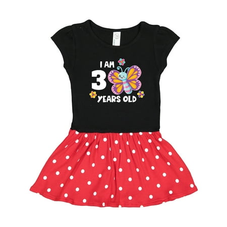 

Inktastic I Am 3 Years Old Cute Smiling Butterfly with Flowers Gift Toddler Girl Dress
