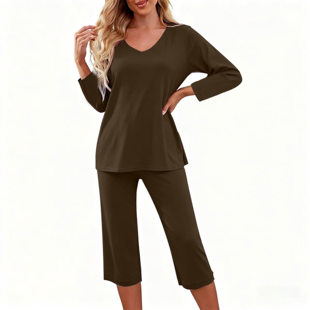 Conjunto de 2 piezas de blusa de manga corta y pantalón largo con cintura elástica y bolsillos para mujer