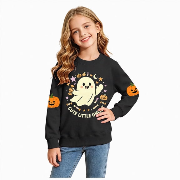 Xyant Halloween Shirts for Toddler Girls Pumpkin Ghost Tshirt Little Kids Long Sleeve Funny Tee Tops,Size 5-6 Years