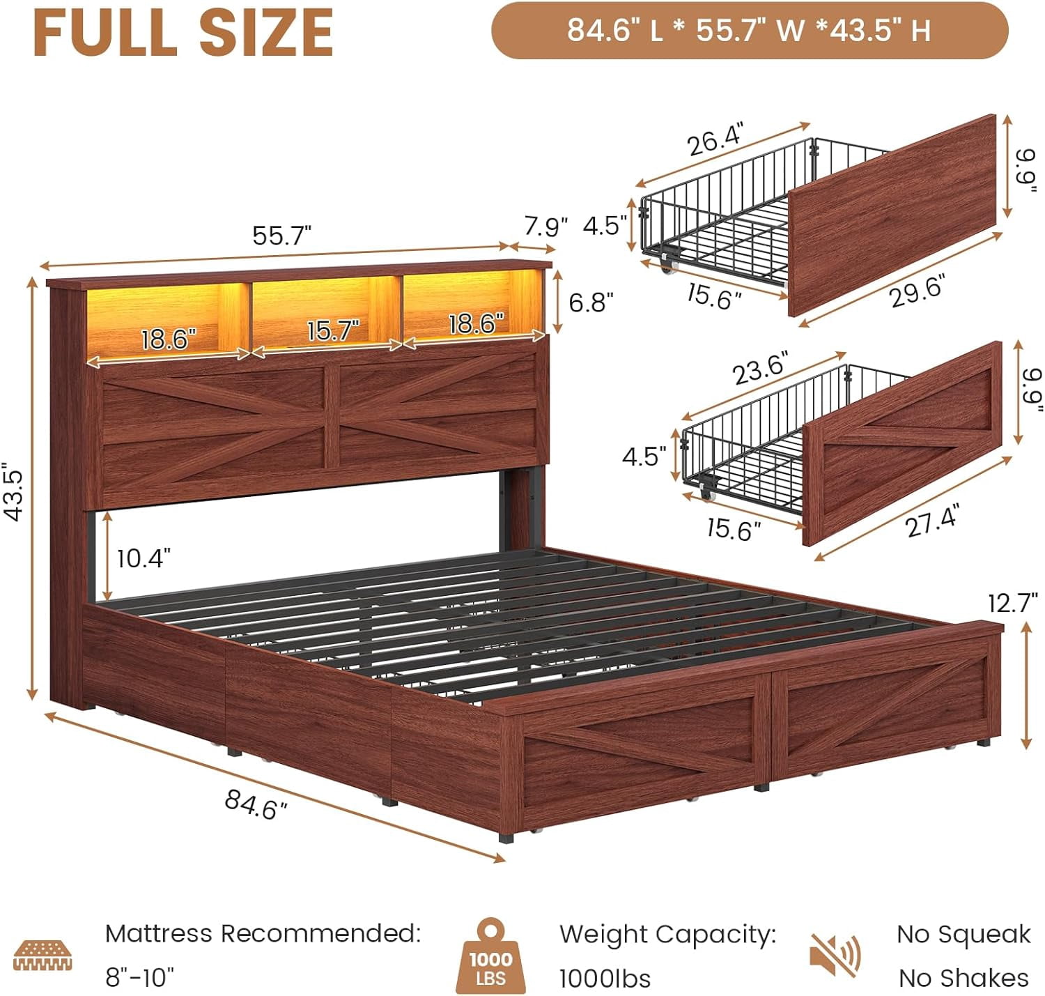 Full Size Bed Frame with 6 Drawers, Farmhouse Bed Frame with Barn Door Headboard and Storage, Wood Platform Bed Frame Full Size with Charging Station and LED Lights, No Box Spring Needed, Brown