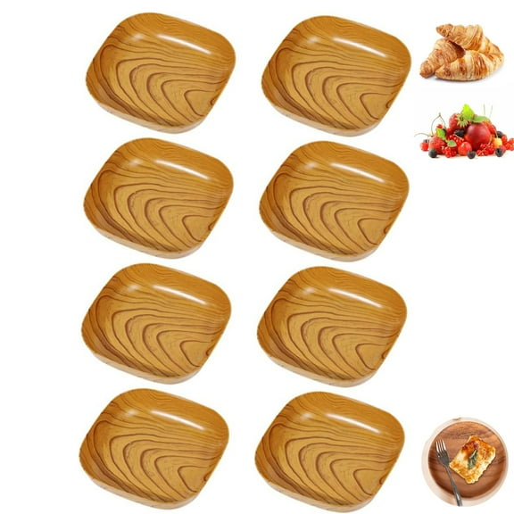 Tutuviw Wood Grain Plastic Square Plate With Storage Base,6Pcs Reusable Dinner Tray,Plastic Snack Dish for Cakes Garbage Household Snacks,Party Camping Plates,Dishwasher Safe