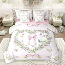 Manfei Cute Floral Butterfly 7-Piece Twin Bedding Sets,Cartoon Bow Tie Bedding Comforter Set,Pink Green Sheet Sets For Girl,Ultra Soft Home Decor Reversible