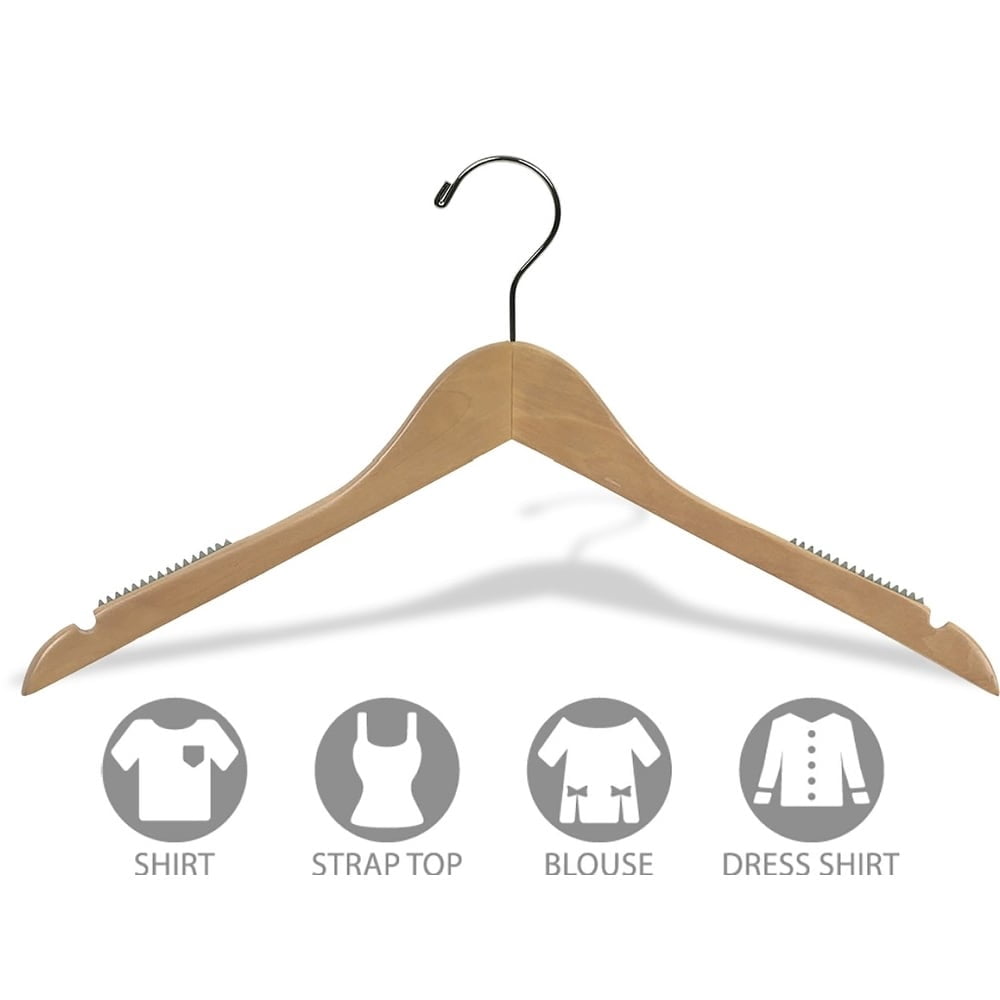 INTERNATIONAL HANGER Natural Wood Top Hanger with Non-Slip Shoulder Grips, 100 Pack