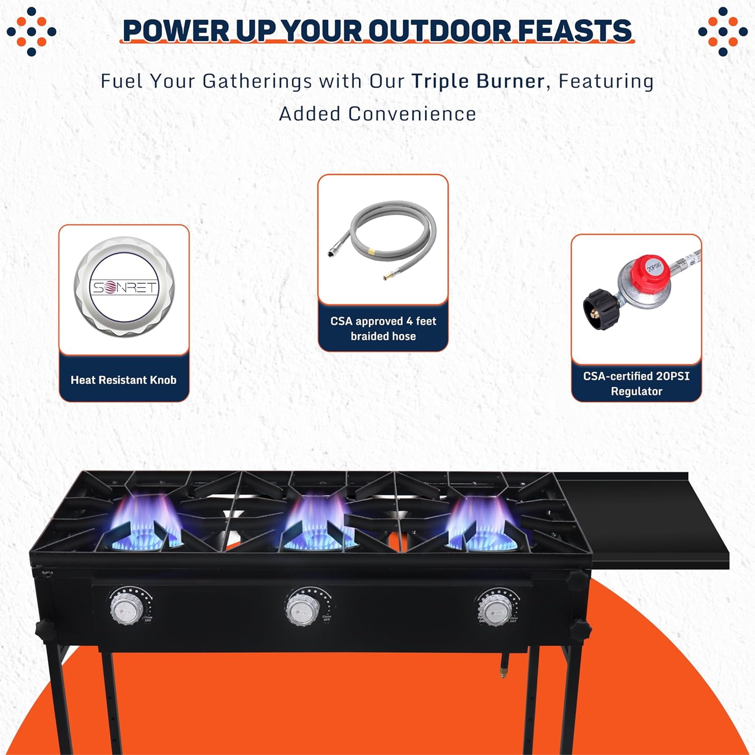 SONRET - Three Burner Propane Outdoor Camping Stove - 2,25,000 High BTU - with Side Shelf
