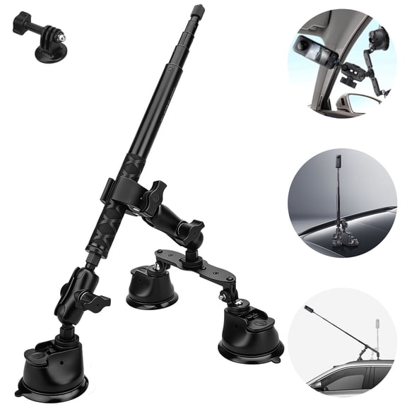 EEEkit Suction Car Mount for Action Cameras, Triple Suction Car Holder Compatible with GoPro and Insta360, Suction Mount Kit for Car Roof and Window, Black
