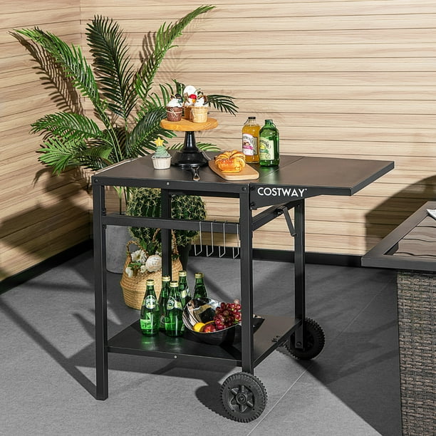 Costway Mesa de Carro de Comedor Móvil Carrito de Doble Estante con Tablero Plegable 4 Ganchos Extra para Patio Terraza 96,5 x 64 x 75,5 cm Negro