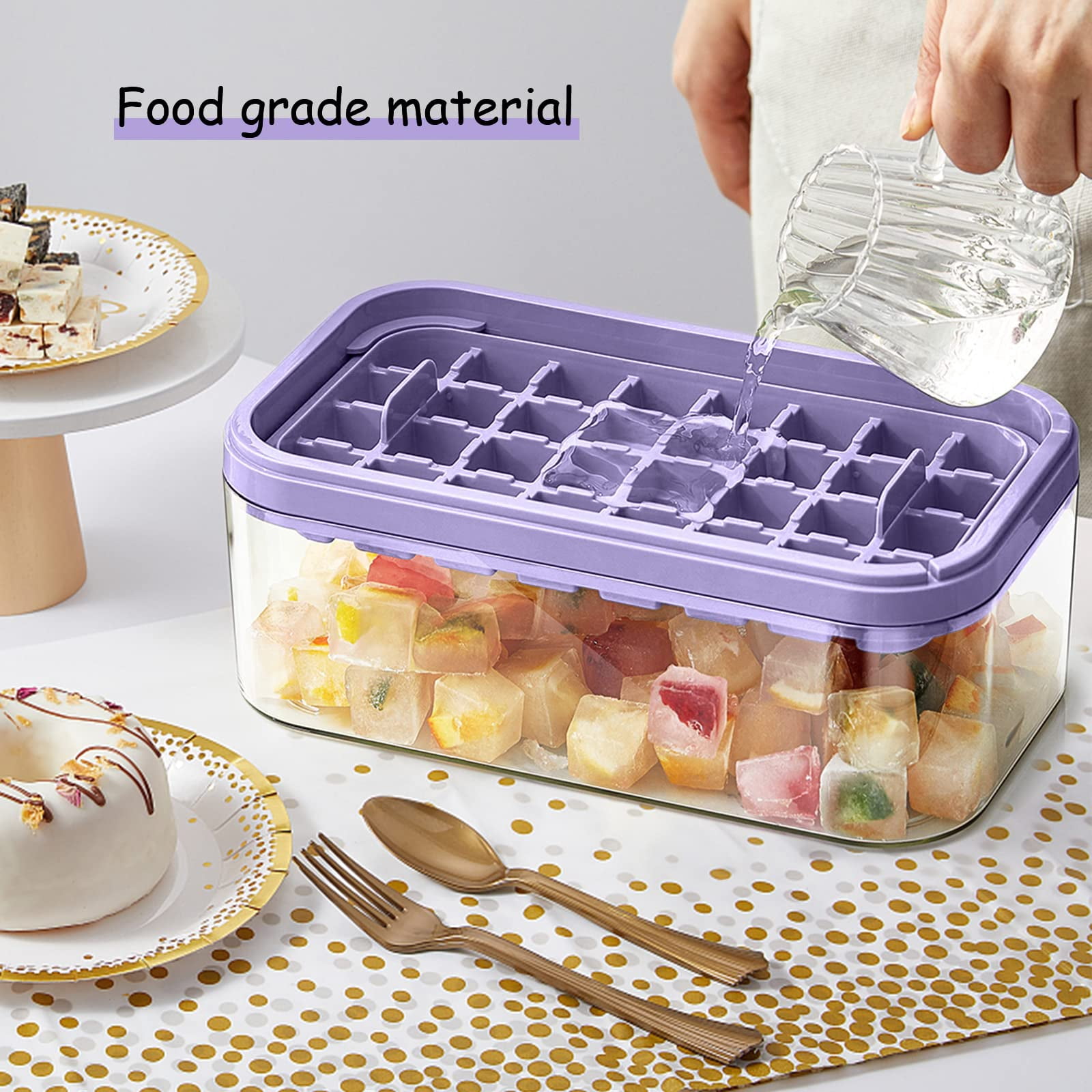 Ice Cube Tray With Lid And Bin For Freezer  2 Pack 64 Mold (purple)