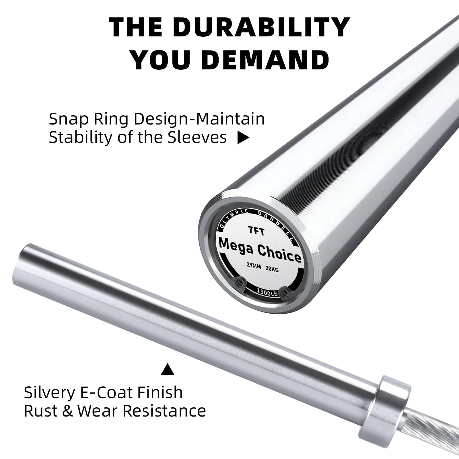 BouPower 7 Ft Barbell for Weightlifting & Powerlifting, 1500LBS Capacity Straight Bar, Ideal for Squats, Deadlifts, Bench Presses, Rows & Curls, Compatible with 2" Standard Weights