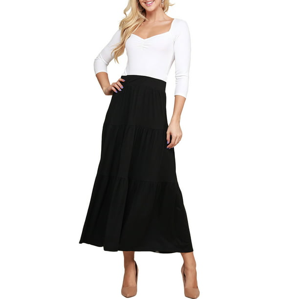 Doublju - Doublju Women's Elastic Waist Layered Shirring Maxi Skirt ...