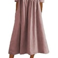 thumbnail image 4 of DYMADE Cotton Linen Casual Pleates Crewneck Pockets Midi Women Dress, 4 of 4