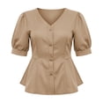 thumbnail image 7 of Mifsaly Womens Peplum Tops V Neck Puff Sleeve Button Down Shirts Ruffle Hem Fitted Waist Summer Casual Elegant Tunic Top Khaki,M, 7 of 7