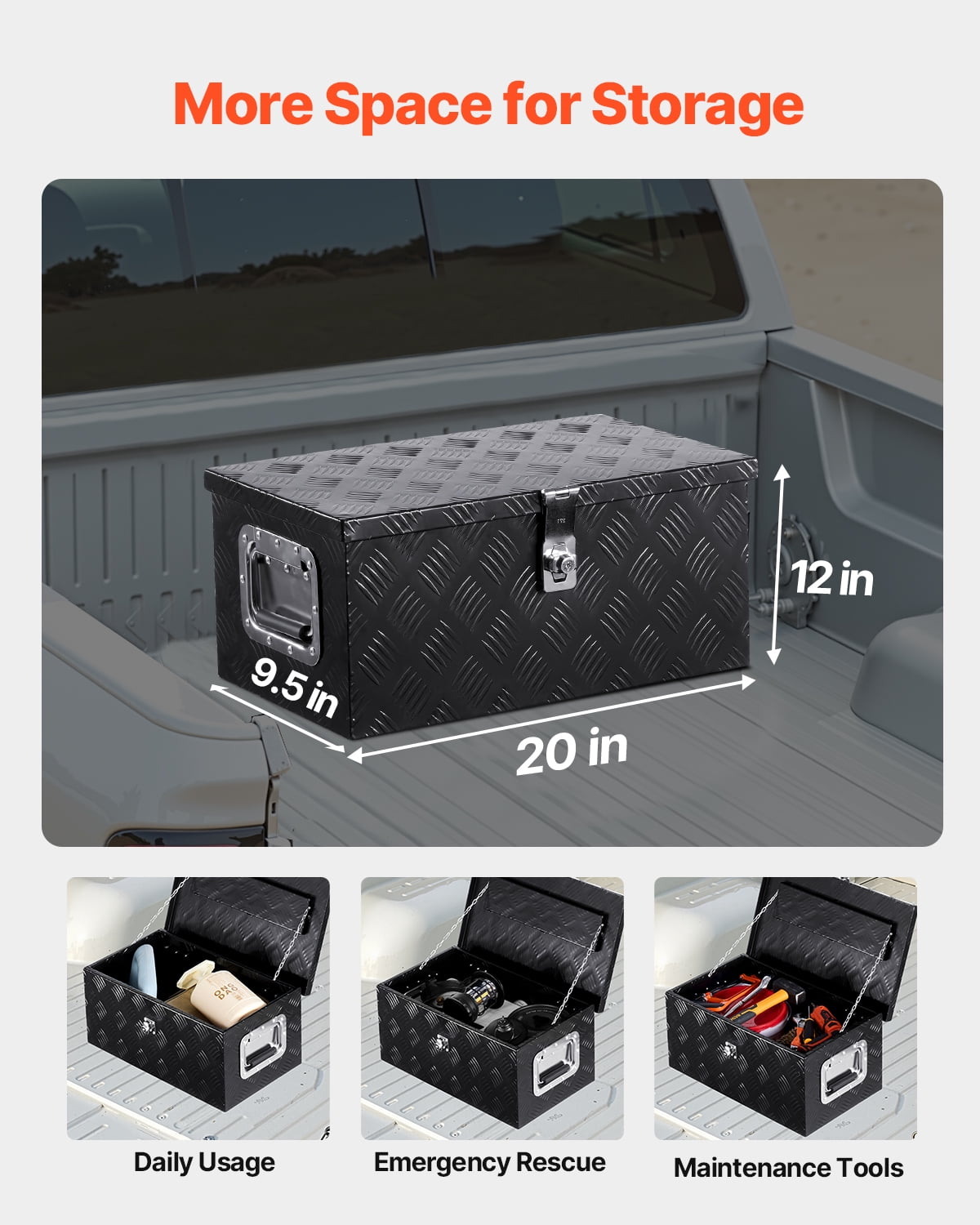 VEVOR Heavy Duty Aluminum Truck Bed Tool Box, Stripes Plated Tool Box with Side Handle and Lock Keys, Storage Toolbox Chest Organizer for Trailer, Pickup, Truck Bed, RV, 20"x12"x9.5", Black