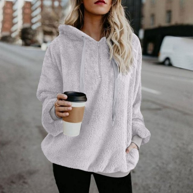 Pull à Capuche Manches Longues Hiver Femmes Pull Chaud avec 1/4 Zip