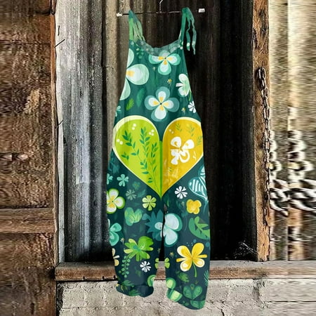 Workout Jumpsuits for Women  Women Bodysuit  St Patricks Day Clothing  Casual Outfits for Women  Women s Jumpsuit St. Patrick Print Casual Loose Vintage Cotton And Linen Overalls  Fluorescent Green