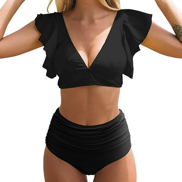 RKSTN Swimsuit for WomenSolid Color Fashion Casual High Waist Ruffled Split Bikinis SetsCasual Fashion Bathing Suit for Women