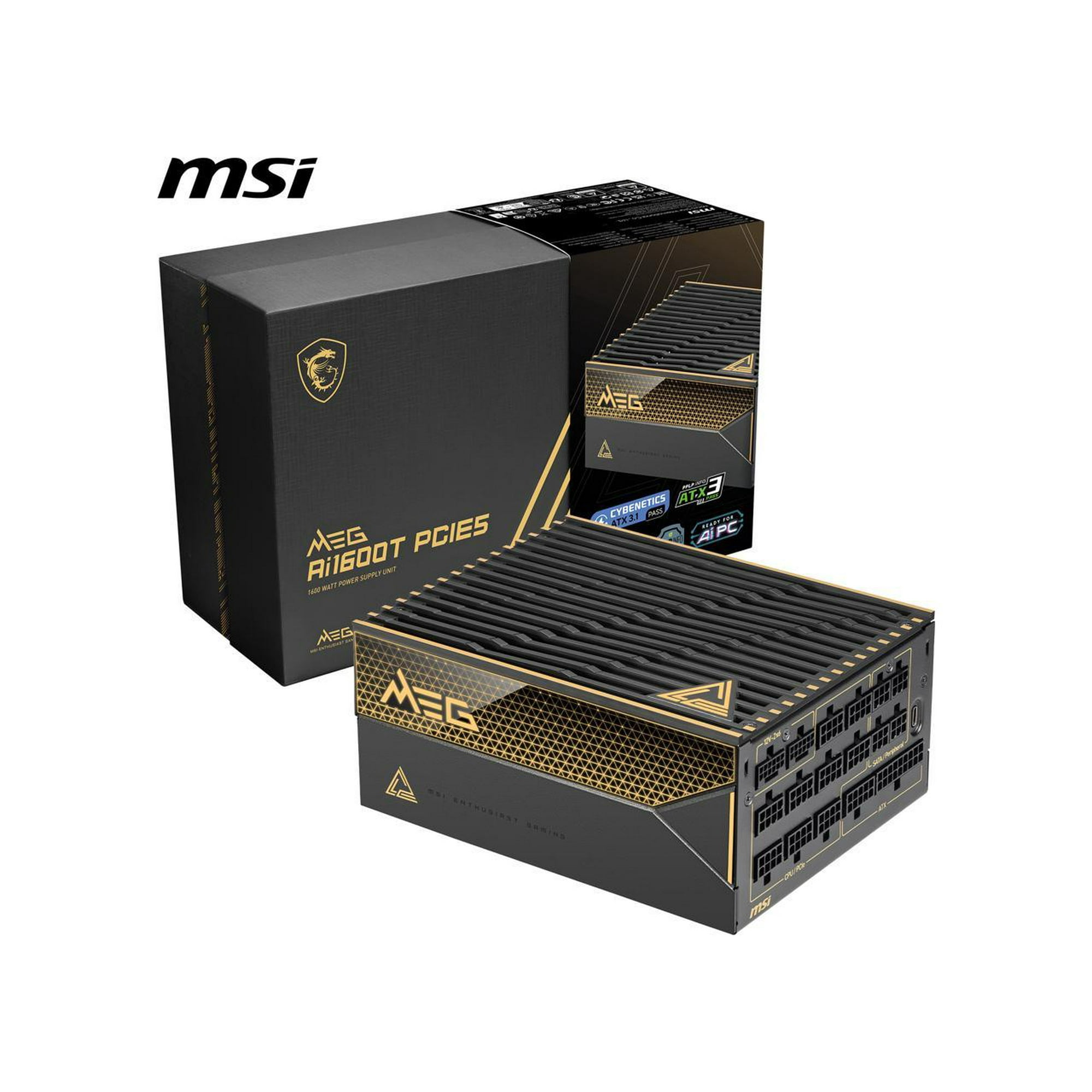 MSI - MEG Ai1600T PCIE5, 80+ TITANIUM Full Modular Gaming PSU, Dual 12V-2x6 Cable, 5080 5090 ATX 3.1 & PCIE 5.1 Ready, Braided Cable, 1600W Power Supply, 12 Year Warranty