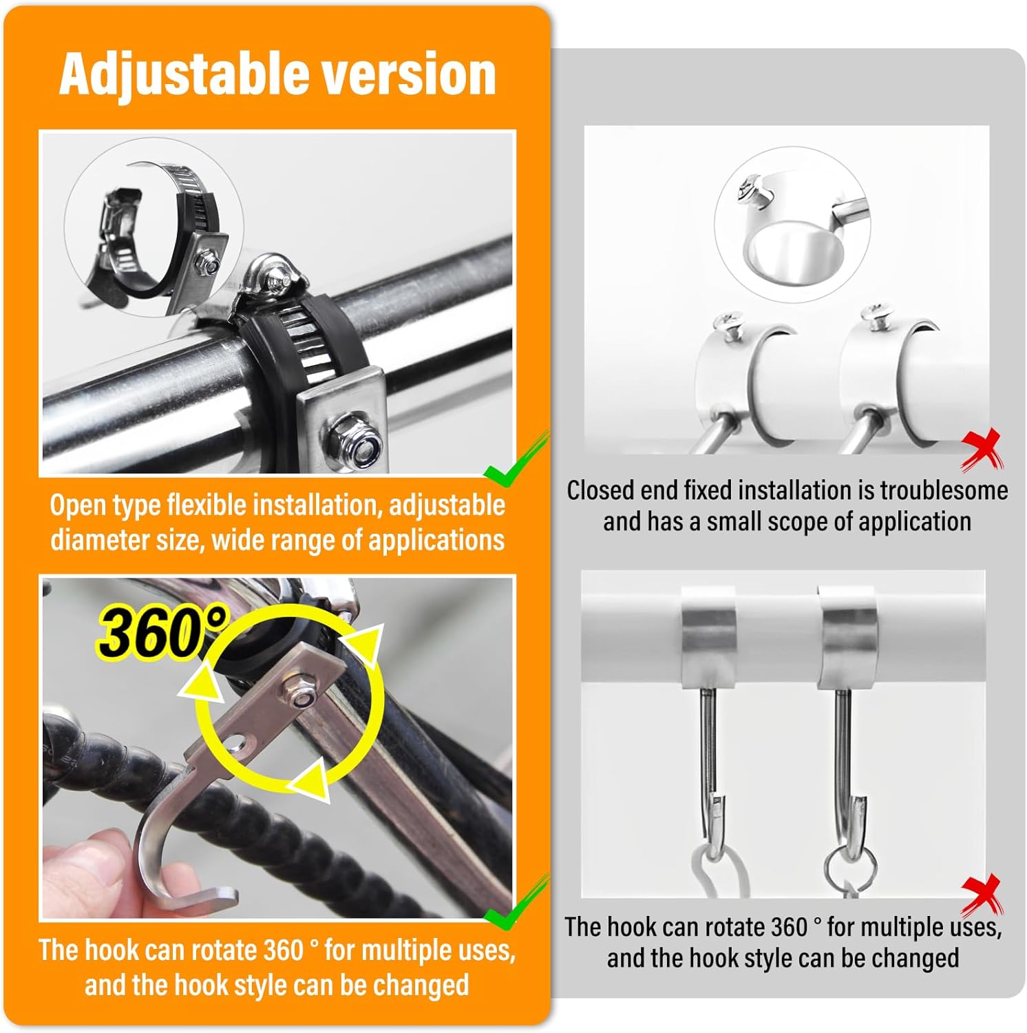 FRKSMD-Tube Rod Hooks,Stainless Steel Adjustable J Hook, for 0.83"-1.5" in (21-38mm) Inner Dia Adjustable Rod,Bathroom Wardrobe Pipe Hanger,Large Square Hooks (2 Pack)