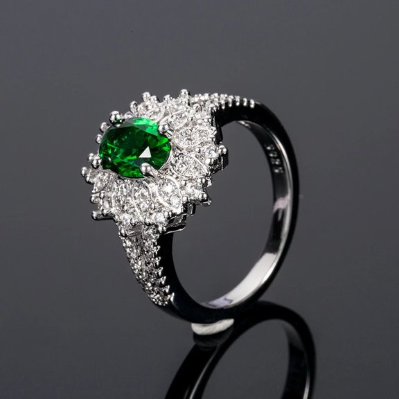 Women Flower Shaped Creative Design Finger Ring With Green Cubic Zircon Official Occasion Women Jewelry
