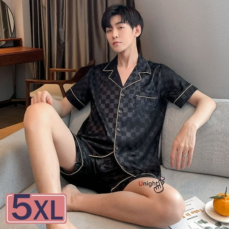 

M-5XL 2022 New Summer Short Black Plaid Silk Pajama For Men 2pc Large 5XL Short Set 3xl Luxury Pijama Hombre Loungewear Homewear