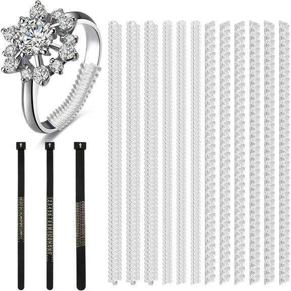 12 Pack Ring Size Adjuster for Loose Rings Silicone with 3 Sizes Ring Size Measuring Tool Invisible Plastic Ring Guard Tightener Snuggies Set with Polishing Cloth for Women Men Wedding Rings