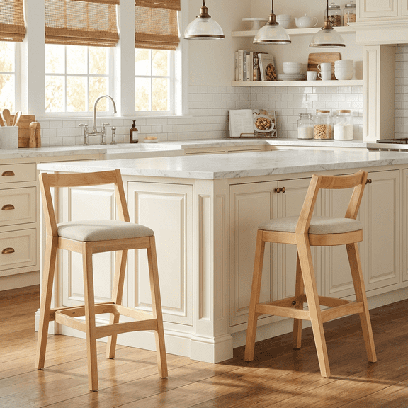 30" Wood Upholstered Bar Stools Set of 2,Natural Finished and Beige Upholstery Counter Bar Stools