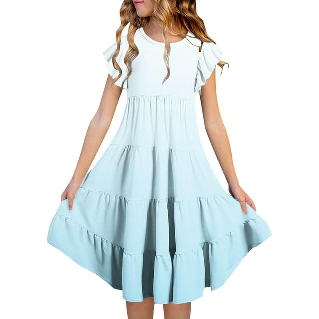 Robe d'Été Dégradée pour Filles à Double Couche avec Manches à Volants, Robe Midi Décontractée et Confortable pour 6-15 Ans