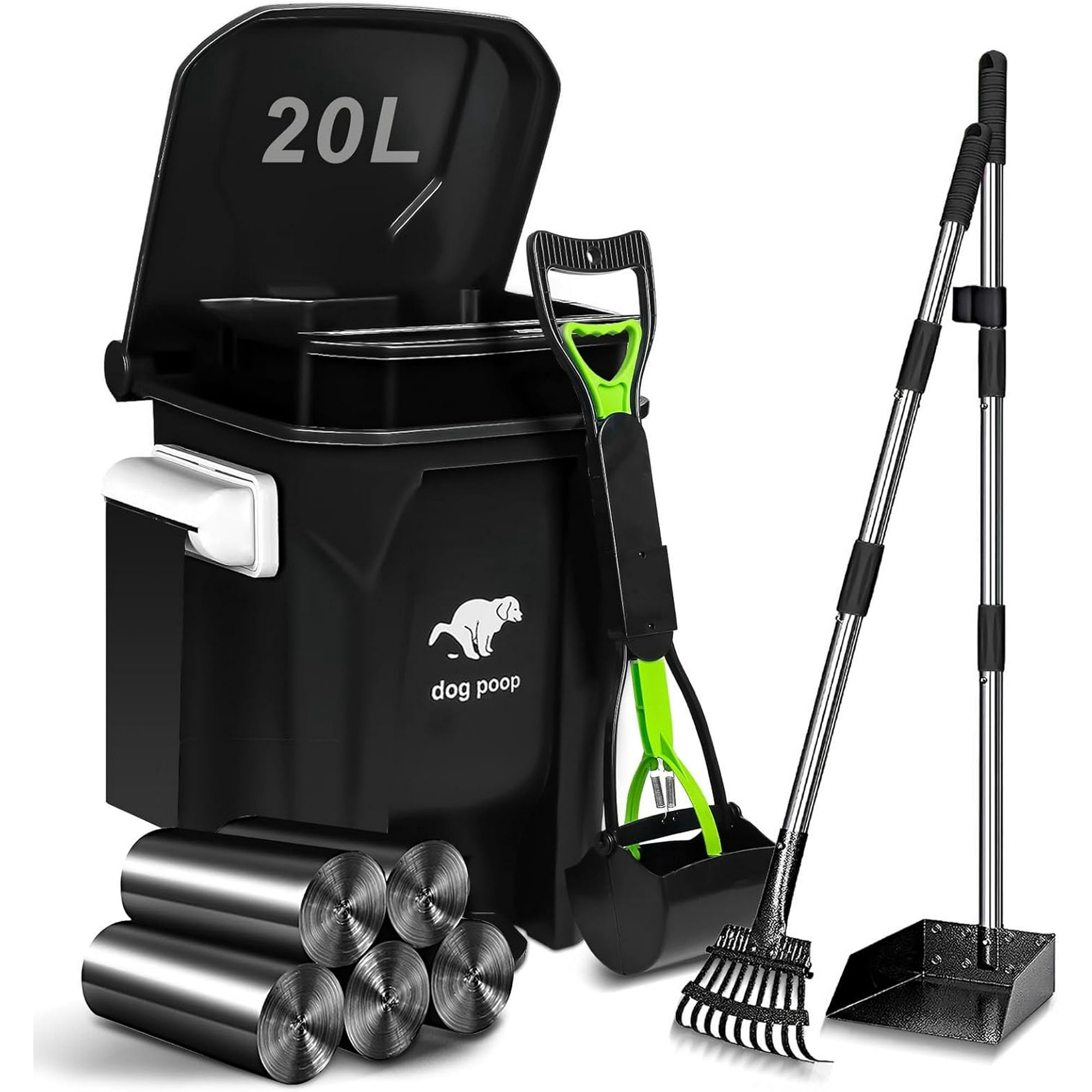 Dog Poop Trash Can Outside with Pooper Scooper and Metal Rake & Tray, 20L/5Gal Dog Waste Trash Can with Lid, Pedal and Removable Inner Waste Bin, Pet Poop Bin with 100 Bags