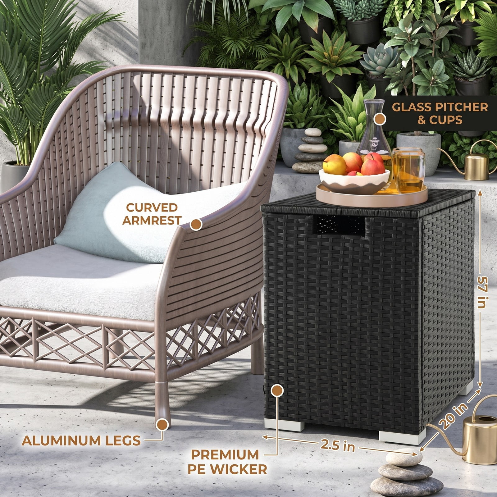 Biotree 2-in-1 Patio Rattan Propane Tank Cover Side Table for 20 lb Tanks, Outdoor PE Wicker Gas Cylinder Hideaway with Metal Frame and Adjustable Feet, Black