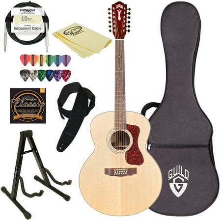 Ibanez Acoustic Electric Guitar - Guild F-1512E NAT Natural Jumbo Acoustic Electric Guitar with Guild Hard Case and ChromaCast Accessories