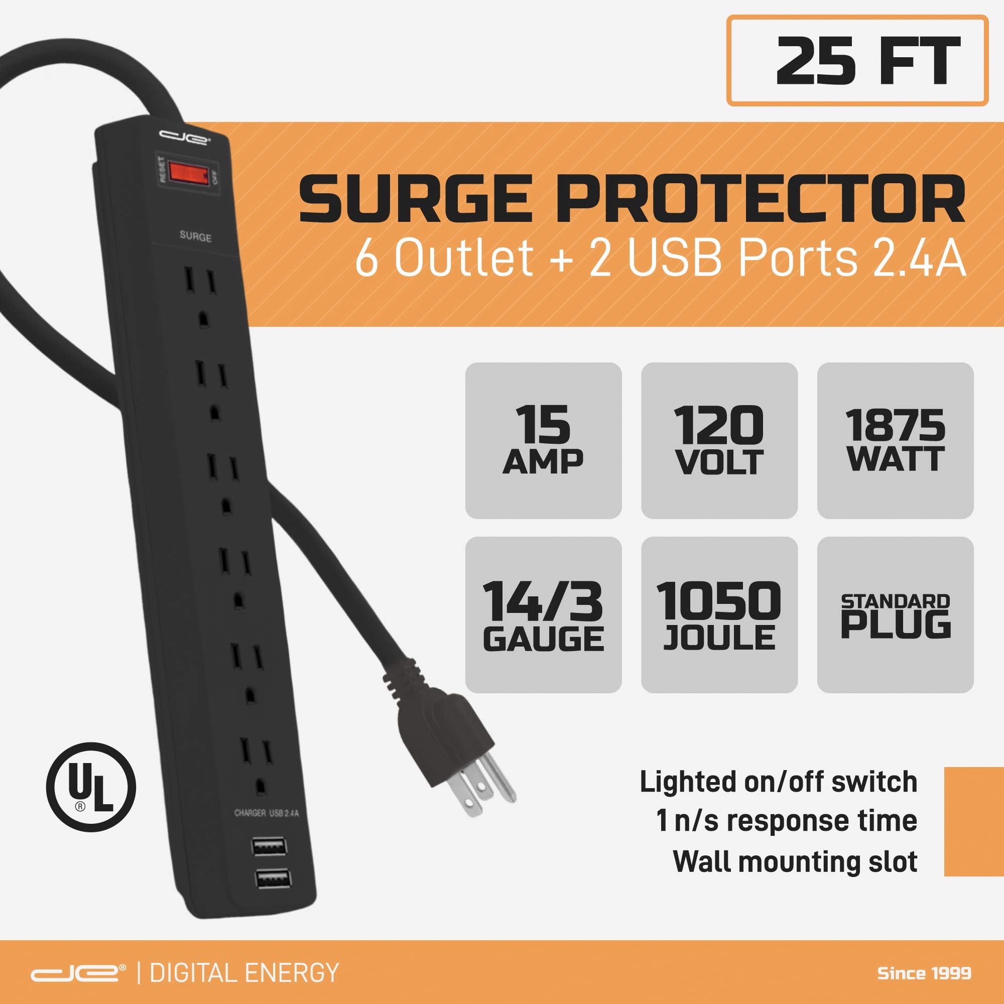 Digital Energy ENR1-1008 6-Outlet Surge Protector Power Strip with 2 USB Ports and 25-Foot Cord (Black)