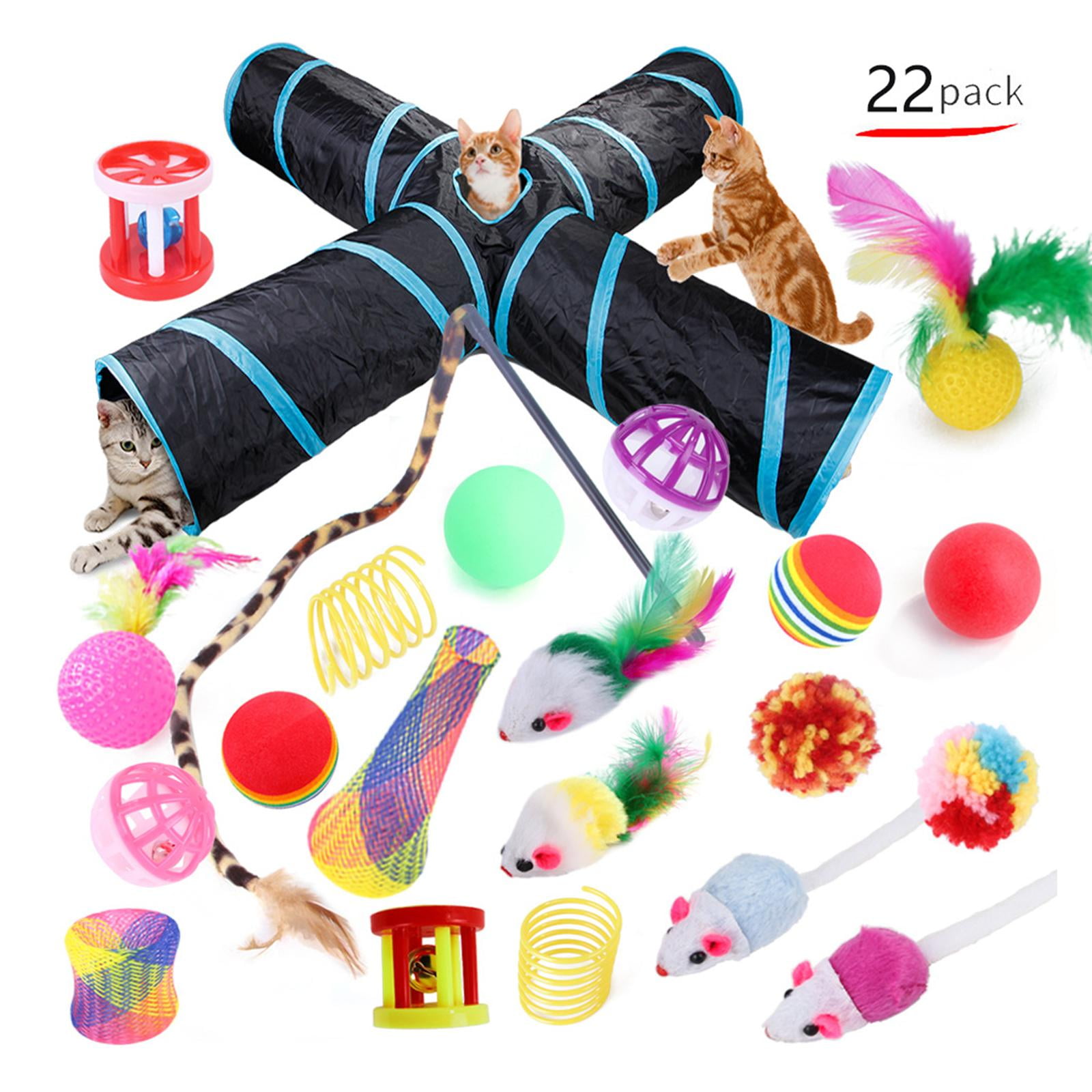 22 piece Interactive Cat Toy Sets,Collapsible Cat Tunnels for Indoor Cats, Feather Teaser Crinkle Balls Spring Toy Catnip Fish for Cats , B99503
