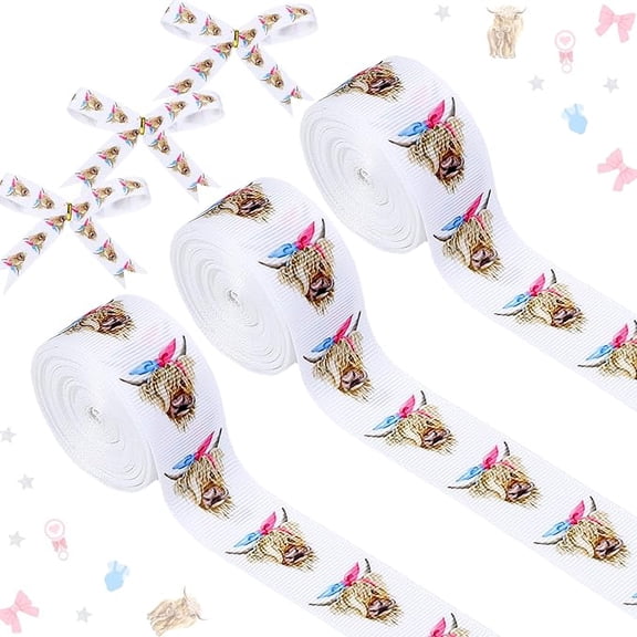 4 Rolls Highland Cow Theme Ribbons 20 Yards Craft Ribbons for Wreath Hair Bow Wrapping Gifts Pack Highland Cattle Grosgrain Ribbons Gender Reveal Birthday Wedding Party Accessory Decorations