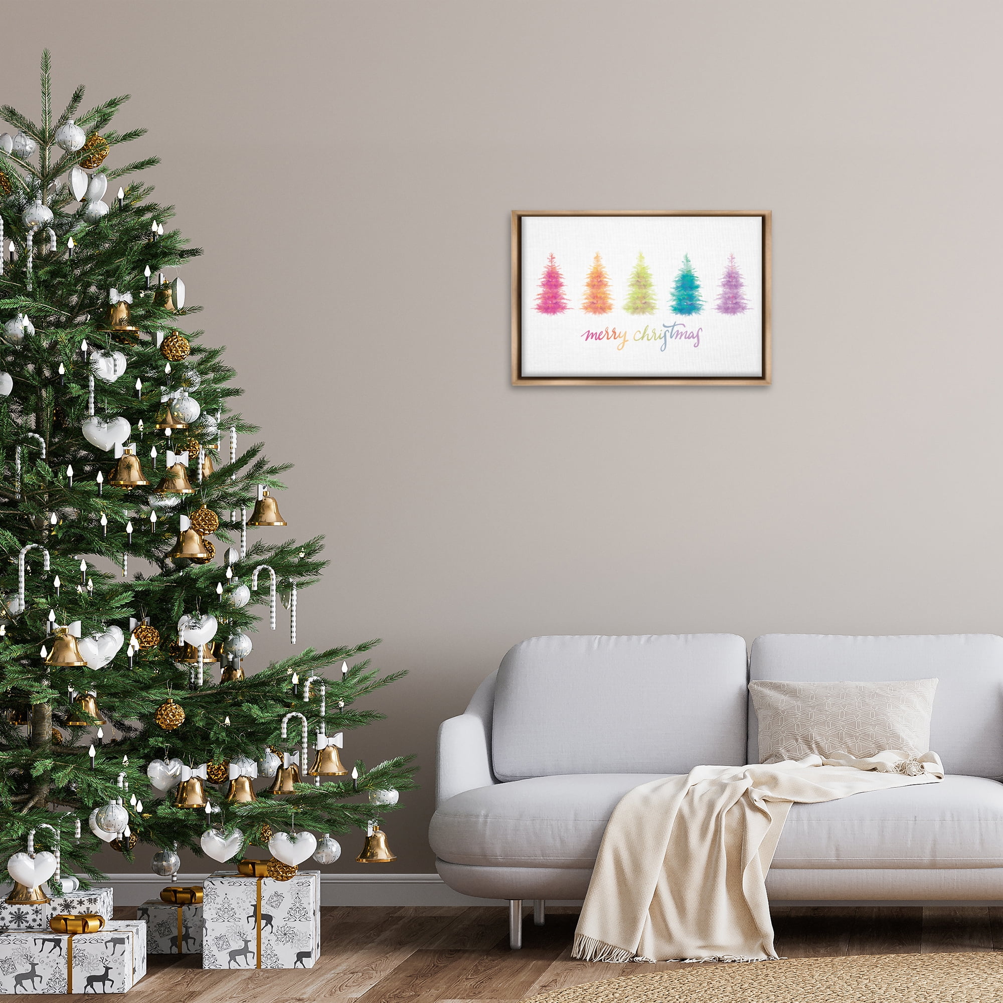Stupell Industries Rainbow Christmas Trees Holiday Painting Brown Floater Framed Art Print Wall Art, 25 x 17