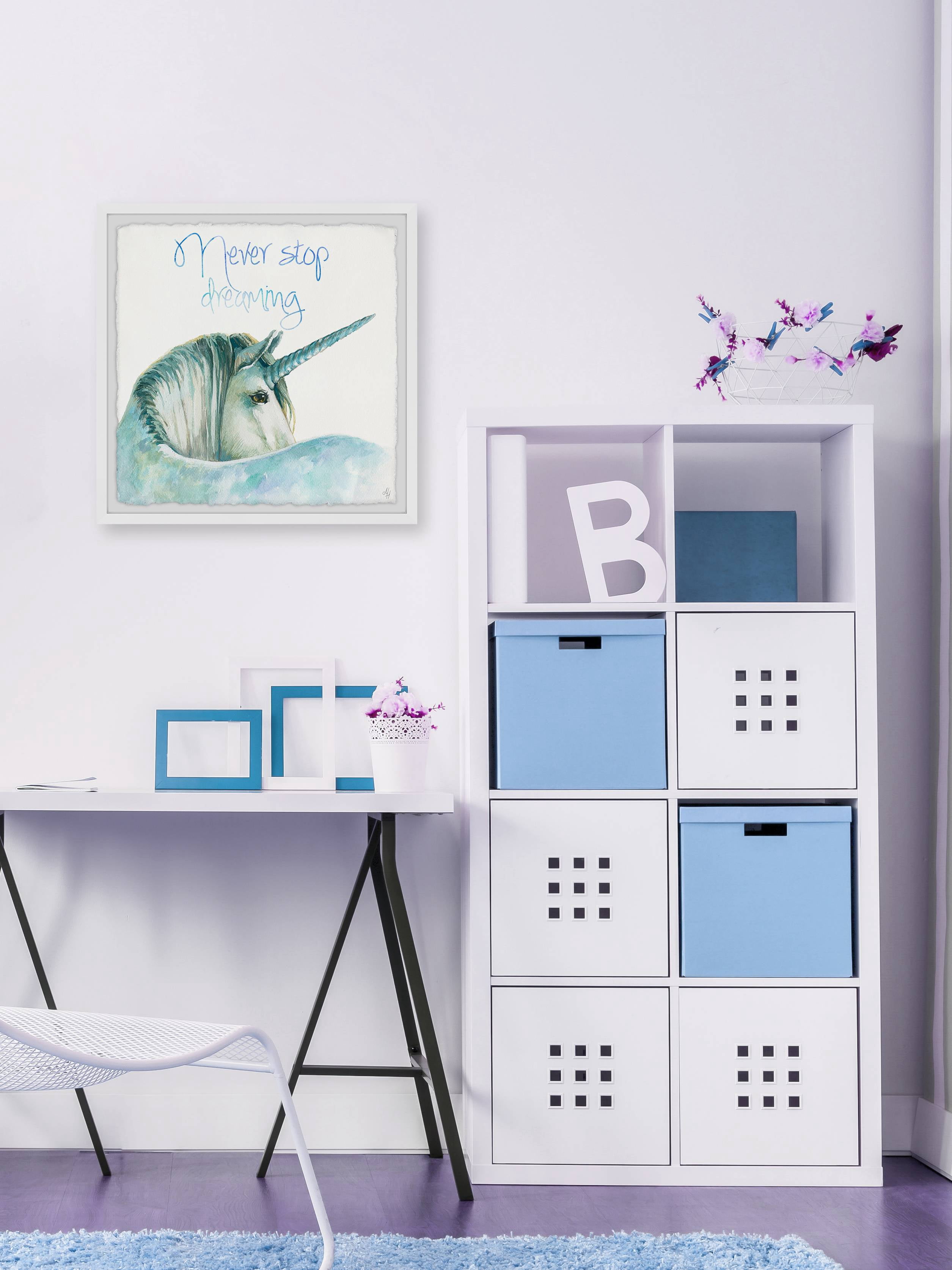 Marmont Hill Blue Unicorn Dreams Ii Framed Wall Art, 24.00" x 1.50"